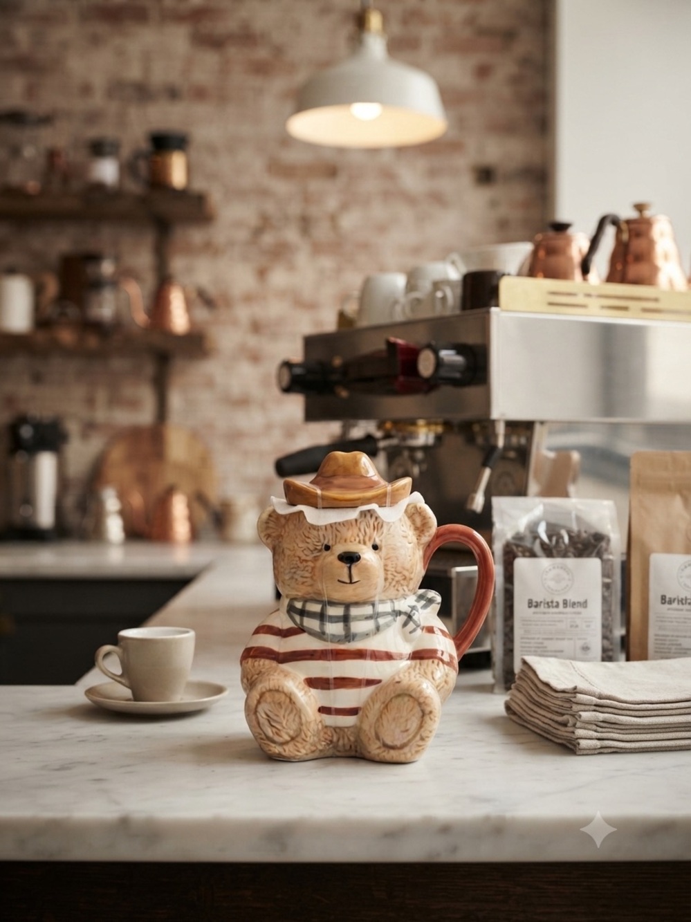Bear-Shaped Ceramic Coffee/Tea Mug with Cowboy Hat - Cream & Brown